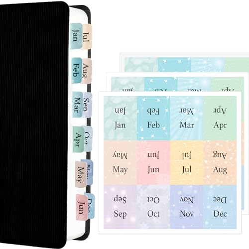 Mini Monthly Tabs for Planners - Stay Organized with Sticky Pastel Month Dividers & Labels 24 Pre-printed Tabs and 12 Black Tabs for Planner Notebooks and Journals - (Mini Size 0.98 x 0.7)