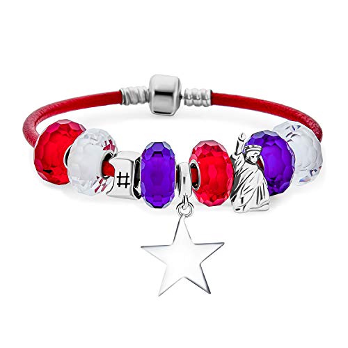 Bling Jewelry American Flag Patriotic Usa Star Themed Beads Multi Charm Bracelet For Women Teens .925 Sterling Silver Red Genuine Leather European Barrel Snap Clasp Bracelets 7 Inch #TOP1