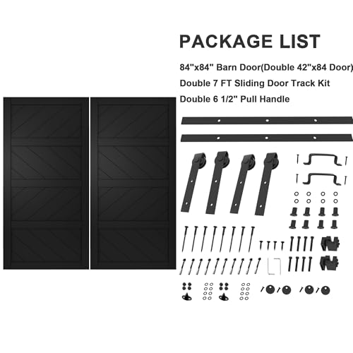 Image of 84 inchx84 inch Black Waved Barn Door with 14 FT Track Kit & Handle & Floor Guide | Pre-Drill Holes Double Barn Door For Easy Assembly, Solid Core Wood Sliding Barn Door for Water-Resistant & Sound Reduction