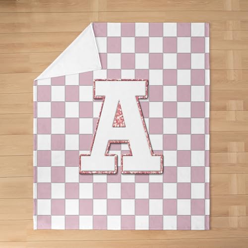 Image of Erosebridal Pink Initial A Flannel Blanket Kawaii Plaid Checkered Fuzzy Plush Throw Cute Personalized Monogram Fleece Blanket for Kids Girls,Fashion Grids Gingham Decor for Bed Couch Throw 50 inchx60 inch