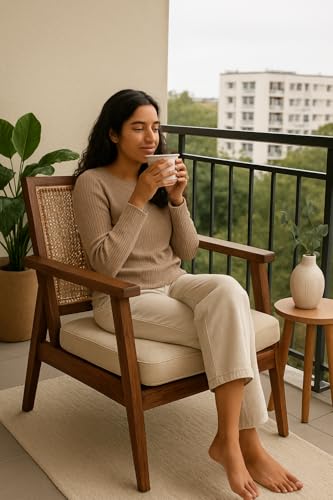 Image of Solid Wood Cane Lounge Chair | Handcrafted Wooden Armchair with Cushioned Seat | Premium Mid-Century Modern Accent Chair for Living Room, Balcony & Bedroom Walnut Finish