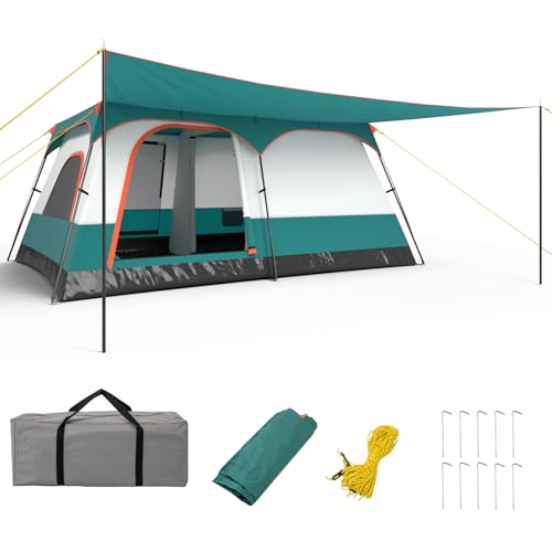 COSTWAY Tienda de Campaña 4-10 Personas, Porche, 2 Habitaciones, 2 Puertas, 2 Ventanas de Malla, Tienda de Campaña Familiar Grande, Capa Doble para Camping, Picnic (420 x 305 x 200 cm)