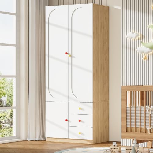 Merax Armadio con cassetti per cameretta dei bambini, bianco, finitura laccata, con asta appendiabiti e manici in ceramica colorata, 80 × 45 × 200 cm, armadio piccolo per vestiti per bambini