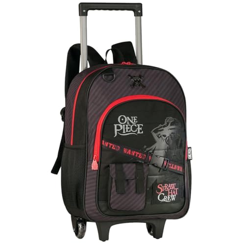 Mochila Escolar com Rodinhas, One Piece Straw Hat Crew, Compartimento Espaçoso, Alça Retrátil, Rodinhas Silicone, Material Resistente, Menino (Vermelho)