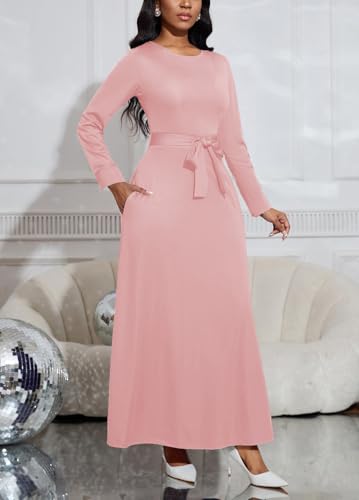 Image of BubFee Long Dress for Women Casual Long Sleeve Dresses Maxi Dress Empire Waist Loose with Belt