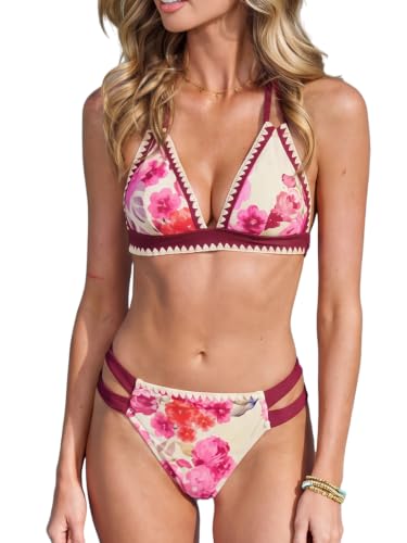 Image of CUPSHE Women's Two Piece V Neck Halter Bikini Sets Stitching Swimsuit | Back Hook,Side Cutout,Cheeky Bottom,Soft Removable Cups,Double Straps,Flattering Bathing Suit For Vacation And Beach