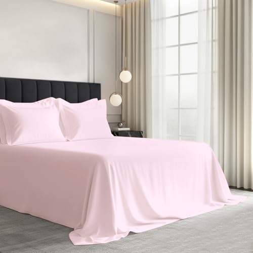 Image of Pizuna 100% Cotton Bedsheet Super King Size Light Pink, 1000 Thread Count Long Staple Combed Cotton Flat Bedsheets 108x108 Inches with 4 Pillow Covers, Bed Sheet for Super King Size Bed