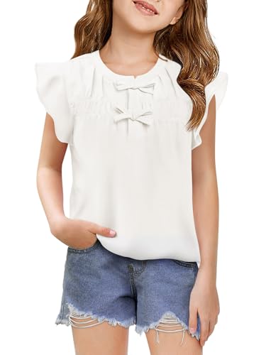 Haloumoning Girls Ruffle Short Sleeve T Shirts Kids Summer Bow Tie Smocked Blouses Cute Tops 5-14 Years