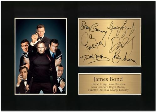 Image of James Bond Autograph 007 Wall Art Print - Daniel Craig, Pierce Brosnan, Sean Connery, Roger Moore, Timothy Dalton & George Lazenby Signed A4 Printed Photo Reproduction Film Memorabilia No71