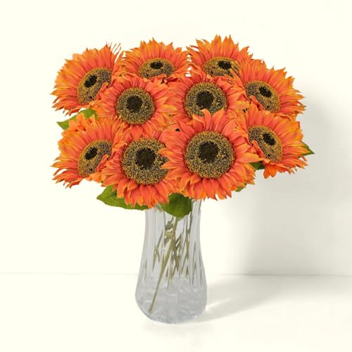 RHQFDM 8 Pièces Tournesols Artificiels Tournesol en Soie à Tige Unique Tournesol Rouge Orange Tournesol en Plastique pour la Maison,l'hôtel,Le Bureau,Le...