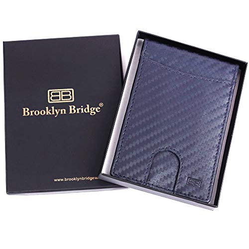 Image of Brooklyn Bridge Genuine Leather Money Clip Wallet for Men Carbon Fiber Black - Premium Slim RFID Protected Wallet with Cash Clip & Multiple Card Slots, Stylish Front Pocket Design, Gift for Men