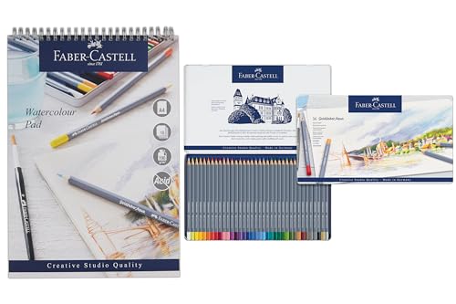 Faber-Castell Goldfaber - Lápices de acuarela, lata de 36 y bloc de acuarela, A4, papel encuadernado en espiral, 190 g/m², 15 hojas