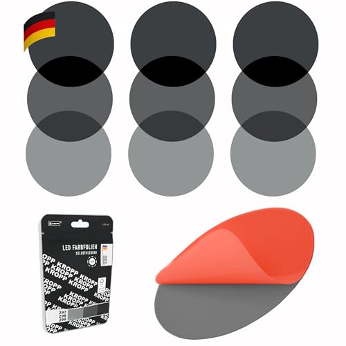 KROPP Selbstklebende Dimmfolien für LED Lampen, 6 cm Kreiszuschnitt, Farbfilter zur Abdunkelung, 3 Intensitäten Neutraldichte (ND) Graufilter, Lichtdämpfung, Filterset mit 9 Stück (⌀ 60 mm)