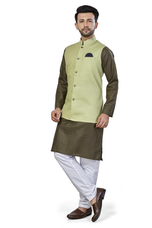 Be Active Men's Solid Linen Blend Kurta Pyjama 3 Piece Set || Men Kurta Pajama With Modi Jacket || Kurta Pajama Nehru Jacket For Men (N-Rfset0014-4-M)