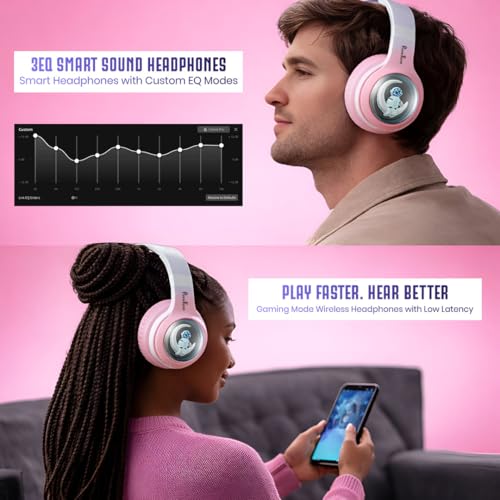 Image of PunnkFunnk Astro Junior Wireless Bluetooth Headphones with BT 5.3, Noise Cancelling, Hi-Res Audio, 40mm Drivers, Deep Bass, Memory Foam Ear Cushions, Over-Ear Headset for Kids, Teens & Adults (Pink)