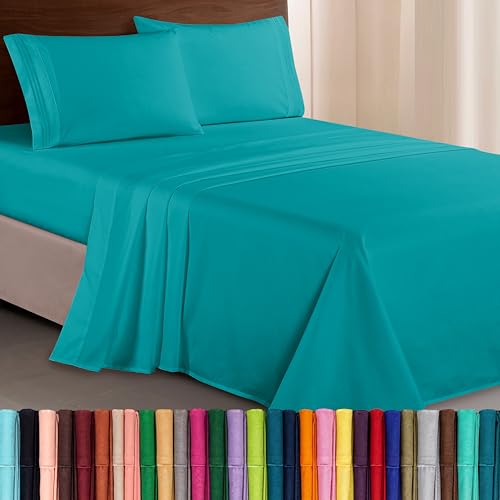 Image of Elegant Comfort Luxurious 1500 Premium Hotel Quality Microfiber Three Line Embroidered Softest 4-Piece Bed Sheet Set, Wrinkle and Fade Resistant, Queen, Turquoise