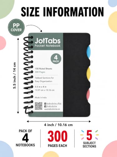 Image of DOODLE Set of 4 Pocket 5 Subject Notebooks | 300 Pages Each | Spiral Bound Mini Notebook with Color Indexed Tabs | Pocket Journal for School, College, Office & Note Taking