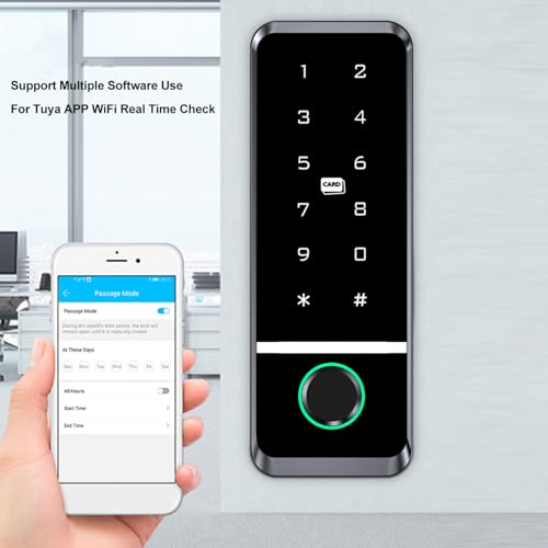 Candeon Elektronisches Smartes Türschloss, RFID/Tuya-App/WiFi Zugangskontrolle Tastatur Fingerprint Türöffner, Wasserdicht Touchscreen Codeschloss für Außen- und Innenbereich, 125 kHz /13,56 MHz