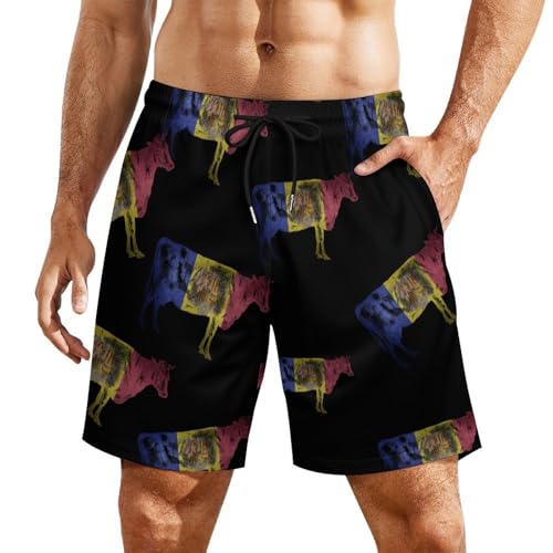 Andorran Flag Bull Cow Beach Shorts for Men Swim Trunks Quick Dry Swim Shorts with Compression Liner Pocket