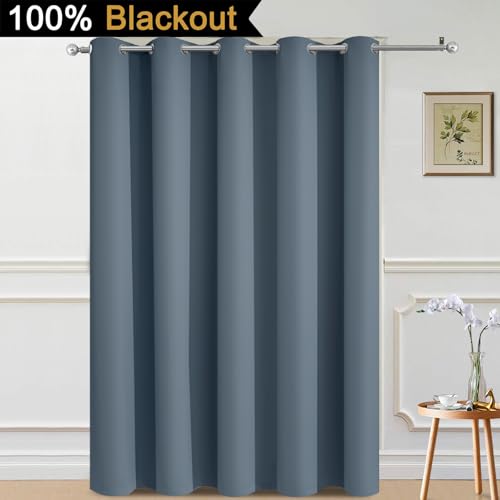 Image of Yakamok Stone Blue Blackout Patio Door Curtain Panels W70 x L84,1 Panel | Noise Reducing Barrier Panel for Sliding Glass Door, 2 Thick Layers Heat Full Light Blocking Patio Door Drapery