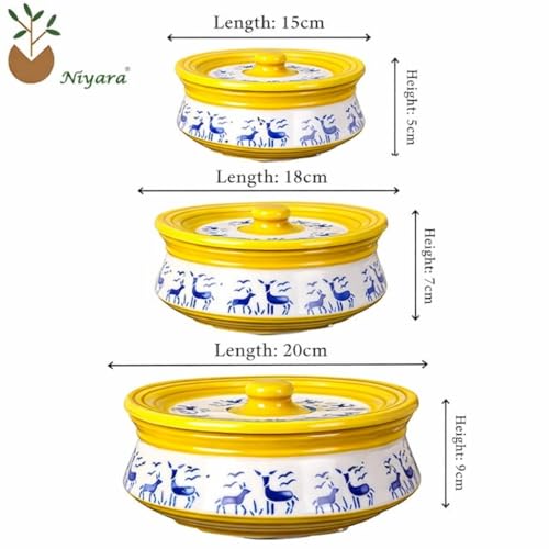 Image of Niyara Blue Deer Design Ceramic Casserole with Yellow Line Border | Multipurpose Serving Bowl with Lid | Microwave Safe (Set of 3, Sizes: 1000ML, 650ML, 550ML)