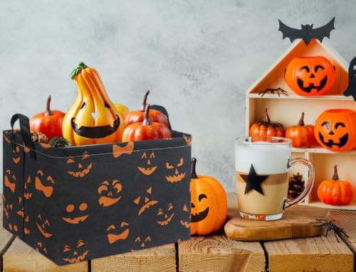 Image of Rectangular Halloween Basket for Boys and Girls Kids Trick or Treat Pumpkin Basket for Halloween Parties Cute Storage Bin Organizer Box Room Decor(Black Pumpkin Face)