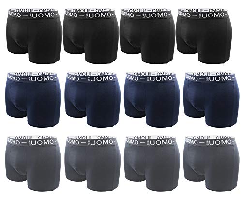 Boxer Uomo (Pacco da 12), Slip Mutande Cotone Elastico Colori Assortiti Nero Blu Grigio L