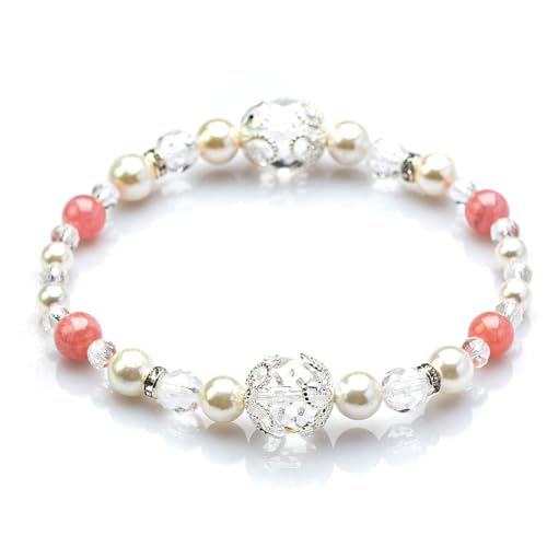 [京珠堂] パワーストーン レディース ブレスレット 天然石 64面水晶 パール 6ｍｍ 品質保証書 (インカローズ)