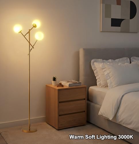 Image of Fiqevs 3 Globe Floor Lamp for Living Room, Swing Arms Standing Tree Lamp | 3000K Warm Light, 3 LED Bulbs Included, Adjustable Orb Glass Shade Mid Modern Lamp for Bedroom /Office, Antique Brass /Gold