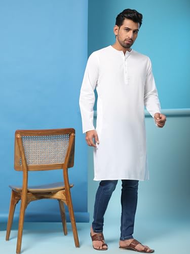 Image of Amazon Brand - Anarva Men's Cotton Solid Round Neck Kurta Long Sleeves Straight Knee Length Casual Shirt