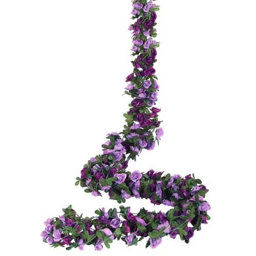 Weldomcor Pack of 5 Artificial Purple Garland 8 FT Flower Garland Roses Vines Silk Flowers Outdoor Hanging Artificial Flowers Decoration for Wedding Arch Bedroom Wall Backdrop Garden Decoration