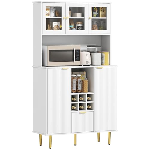HOMCOM Alacena de Cocina Mueble Auxiliar de Cocina Aparador Alto con 3 Puertas de Vidrio Botellero Cajón Estantes Ajustables y Compartimentos Abiertos 100x40x180 cm Blanco