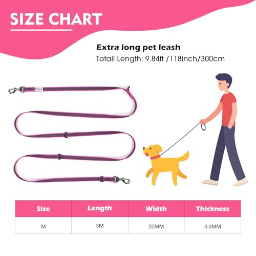 Wisedog 3m Rosa doppelendige gummierte Hundeleine Leichtgewichtige Hands Free Leine für Hund rutschfeste Hands Free Hundeleine Fit für Spaziergänge Laufen Camping