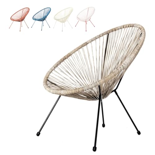 LOLAhome Sillón de jardín Acapulco Color Natural| Cuerdas de Rattan PE y Acero | 72x77x84 cm | con Topes de Goma, Resistente hasta 120kg | para Interior y Exterior, Jardín, Terraza | Acapulco