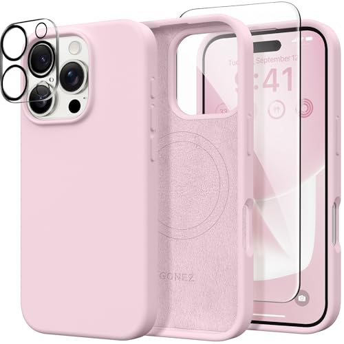 GONEZ Magnetic for iPhone 16 Pro Case, Compatible with MagSafe, [Screen Protector + Camera Lens Protector], Silicone Shockproof Anti-Scratch Protective Phone Case 6.3 inch, Pastel Pink