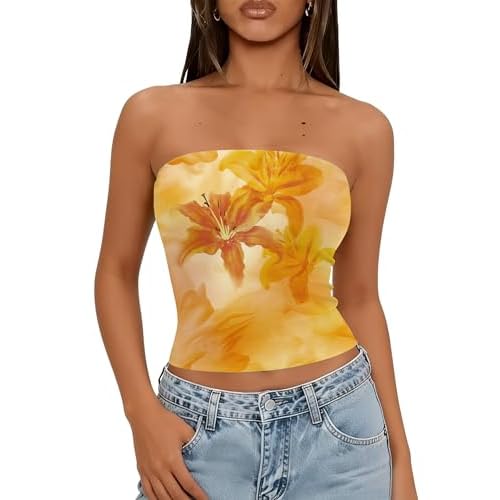 LOMON Summer Tube Tops for Women 2026 Y2k Sexy Going Out Crop Strapless Sleeveless Basic Fitted Bandeau Tank Top Yellow Sun Floral Medium
