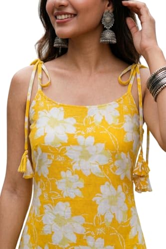 Image of Women's Cotton Floral Printed Short Kurti - Sleeveless Tie-Up Shoulder Casual Summer Tunic Top - Soft & Breathable Floral Kurti