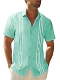 GRMNSG Mens Linen Guayabera Shirts Short Sleeve Summer Beach Casual Cuban Shirt Mint Green