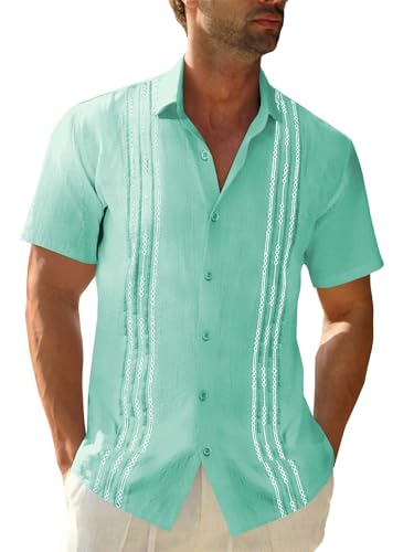 GRMNSG Mens Linen Guayabera Shirts Short Sleeve Summer Beach Casual Cuban Shirt Mint Green