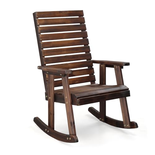 VINGLI Wooden Rocking Chair with High Backrest, Solid Fir Wood, Heavy Duty 600 LBS Patio Rockers for Indoor and Outdoor, Garden, Yard, Patio, Rustic
