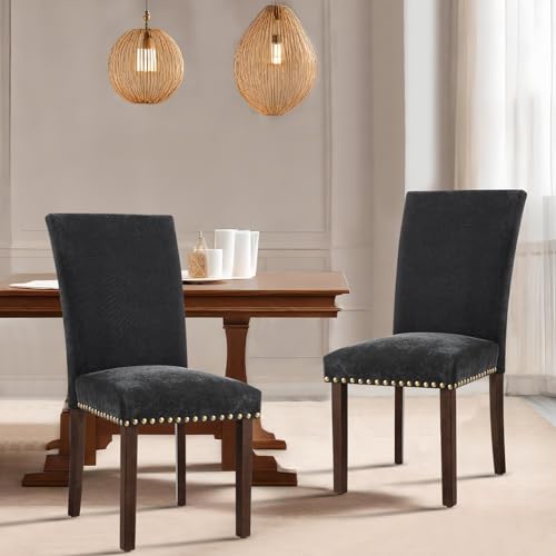 Image of COLAMY Upholstered Parsons Dining Chairs Set of 2, Fabric Dining Room Kitchen Side Chair with Nailhead Trim and Wood Legs - F-Black