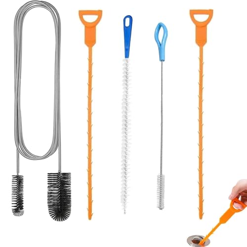 Juego de 5 desatascadores de fregadero, desatascador de inodoro y herramientas de desbloqueo de drenaje, removedor de obstrucciones de cabello reutilizable para baño, ducha o cocina, alternativa al