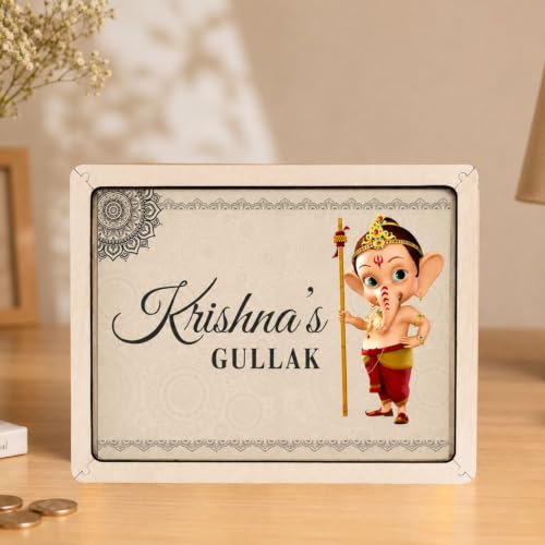 Image of Personalized Kids Wooden Gullak with Cute Bal Ganesh Theme & Magnet Rakhi | Custom Name Piggy Bank Money Saving Box for Boys | Raksha Bandhan Gift Set with Roli Chawal