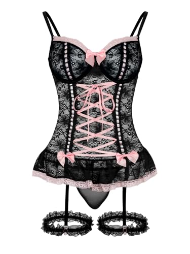 Image of Foxiny Sexy Mesh Corset Ruffle Lace Up Underwire Sheer Garter Belt Babydoll Lingerie Set With Thong 3 Piece Women