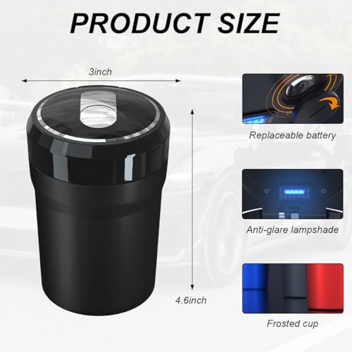 Image of DXNQ Car Ashtray with Lid, Easy Clean Up Detachable Smokeless Ashtray with LED Blue Light, Portable Mini Ash Tray Cup Holder for Car Home Office Travel, Interior Auto Accessories (Black, Larger)
