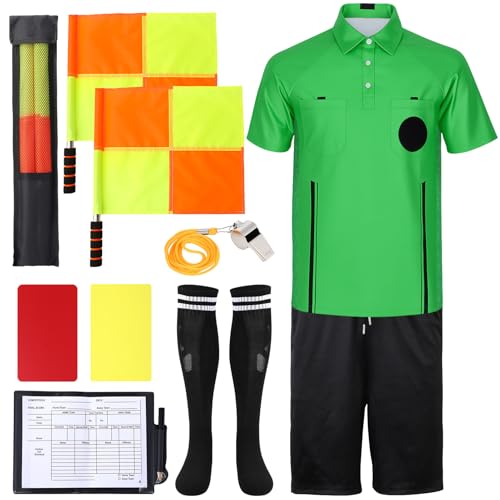 Soccer Referee Jersey 7PCs Soccer Referee Kit Referee Cards Whistle Socks Flags Soccer Referee Costume for Adult S Green