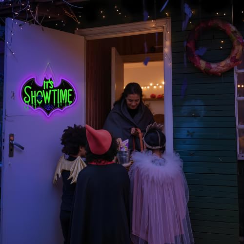 Image of Show Time Neon Sign Bat Skull Light Up for Halloween party Wall Decoration