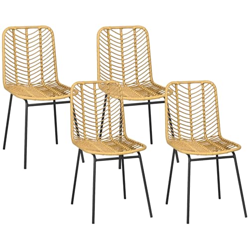 HOMCOM Lot de 4 chaises de Salle à Manger Design bohème en résine tressée Imitation rotin et piètement métal - 44 x 58 x 85 cm - Jaune