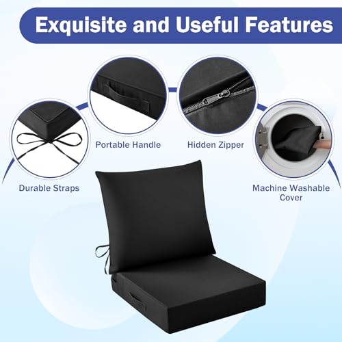 Image of Outdoor Chair Cushions, 24 x 24 Inch Outdoor Cushion for Patio Furniture, Patio Chair Cushion, Waterproof & Fade Resistant Deep Patio Furniture Cushions Set with Handle and Ties, Black (Set of 6)