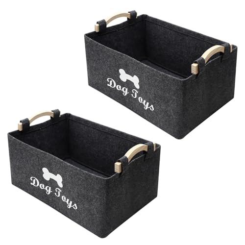 Lot de 2 Paniers de Rangement Panier à Jouets pour Chien Gris avec Poignée, Boîte de Rangement Pliable en Feutre pour Rangement de Jouets, Friandises et Petits Objets, Vêtements Sales